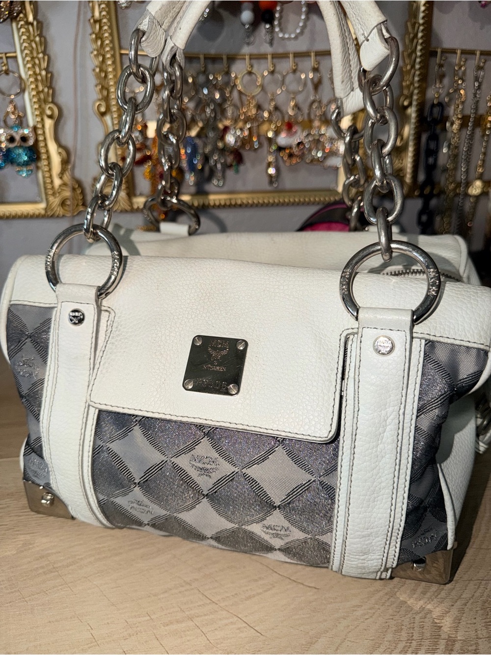 MCM White & Gray Harley Quinn Logo Satchel Bag